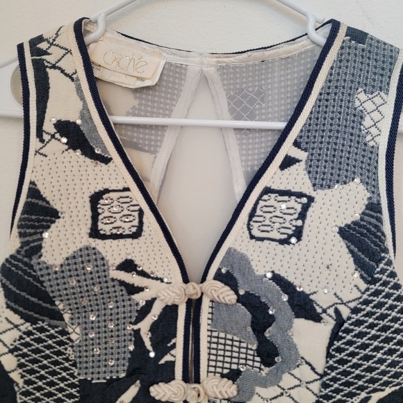 Cache Vintage Tapestry Vest Jumpsuit One Piece 80S Rhinestone Studded Mesh Panel - Picture 7 of 16